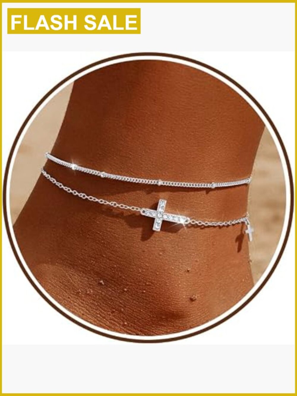 Sterling Silver Anklet 14K Gold Plated Waterproof Bead Chain Cross Charm